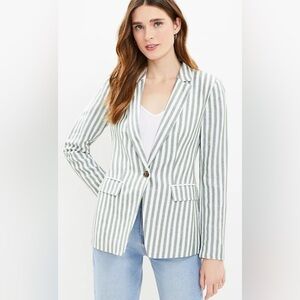 Loft Green White Stripes Linen Blend Pocket Blazer Jacket Size 8